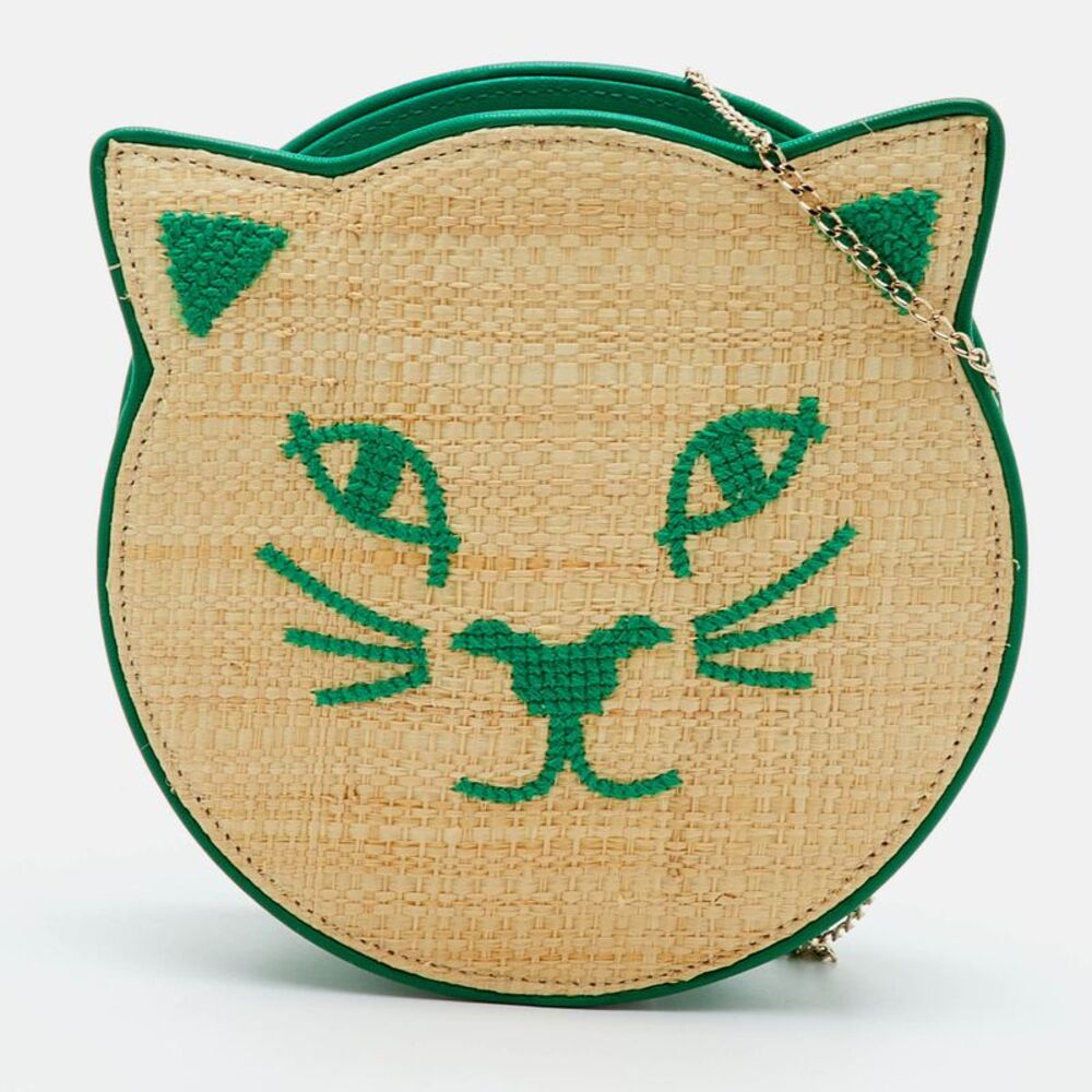 Charlotte Olympia Kitty Beige/green Leather And Raffia Chain Clutch